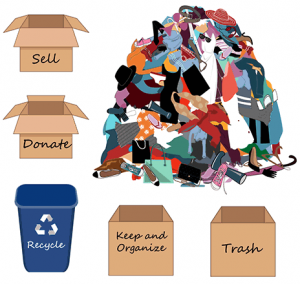 labeled boxes for sorting household items, clothes