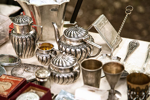 antique silver tea service, goblets, silverware